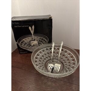Royal Brighton Crystal Salad Bowl 10.5" With 2 Oneida Servers New Open Box